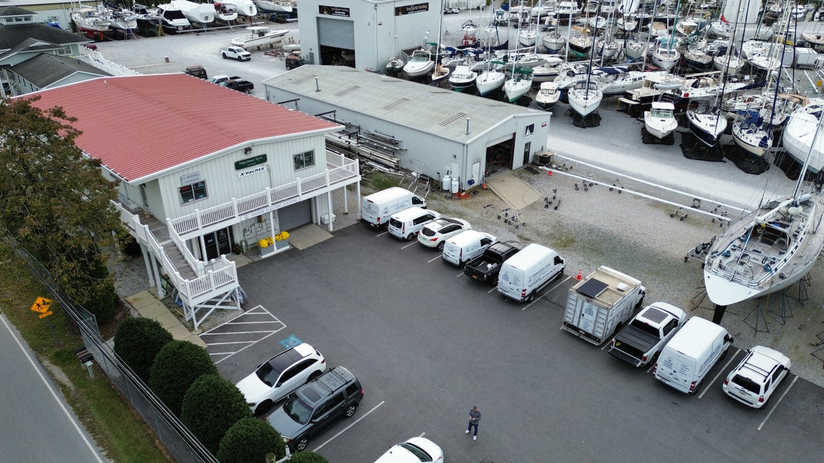 Aerial view of the Marine Electric Systems store and parking lot at Bert Jabin's Yacht Yard, Annapolis, MD