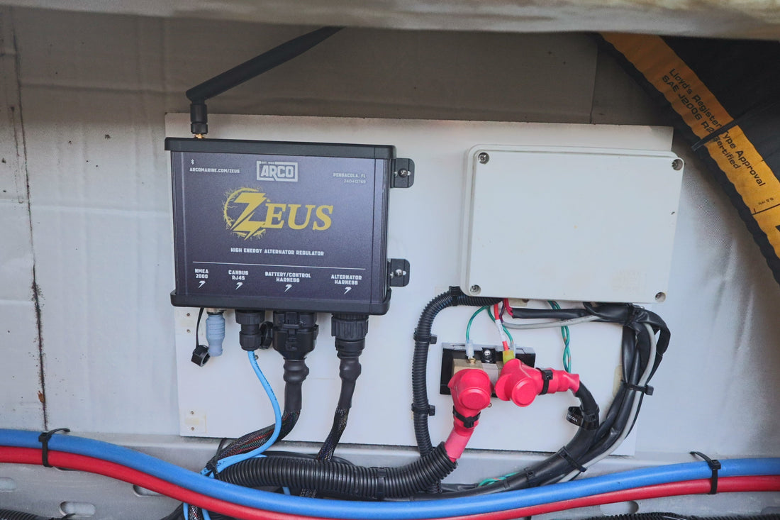 Arco Zeus high-energy alternator regulator installed on a marine electrical panel showing NMEA 2000, CANBUS RJ45, Battery/Control Harness, and Alternator Harness connections, with Lloyd's Register SAE J2006 type approval