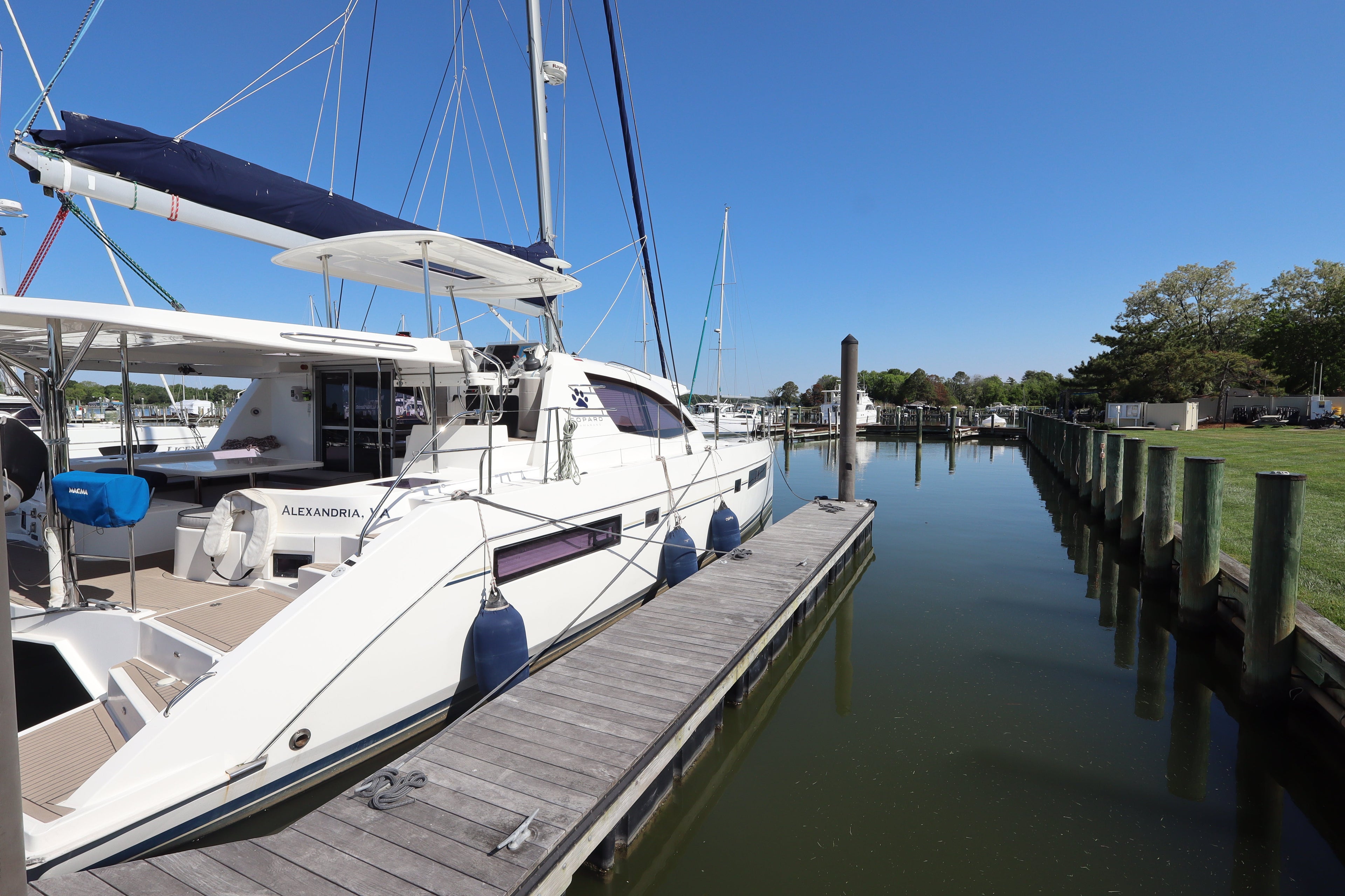 2016 Leopard 48 sailing catamaran "Tortuga" docked at a Chesapeake Bay marina, hailing port Alexandria, VA, ready for the lithium battery refit