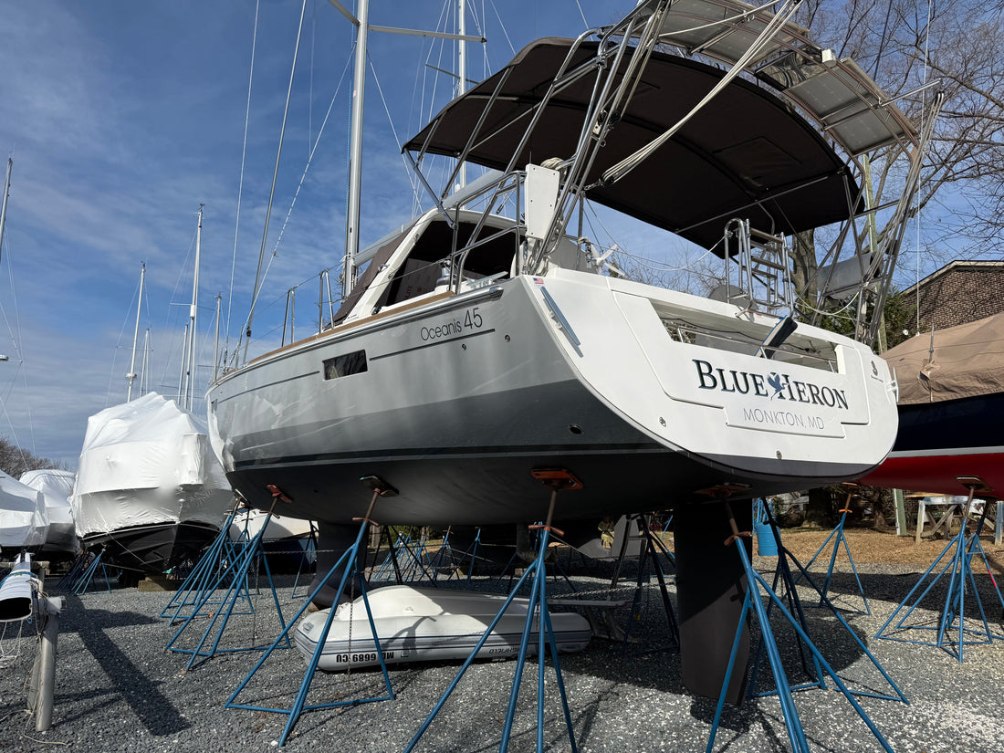 Beneteau Oceanis 45 "Blue Heron" on the hard at a Maryland boatyard, prepared for a full lithium electrical refit